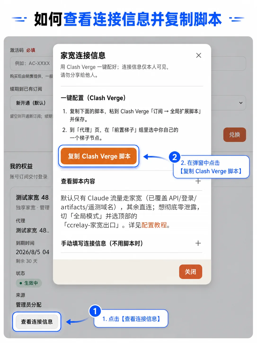 Console, Chinese interface: click View connection details (查看连接信息), then Copy Clash Verge script (复制 Clash Verge 脚本) in the drawer